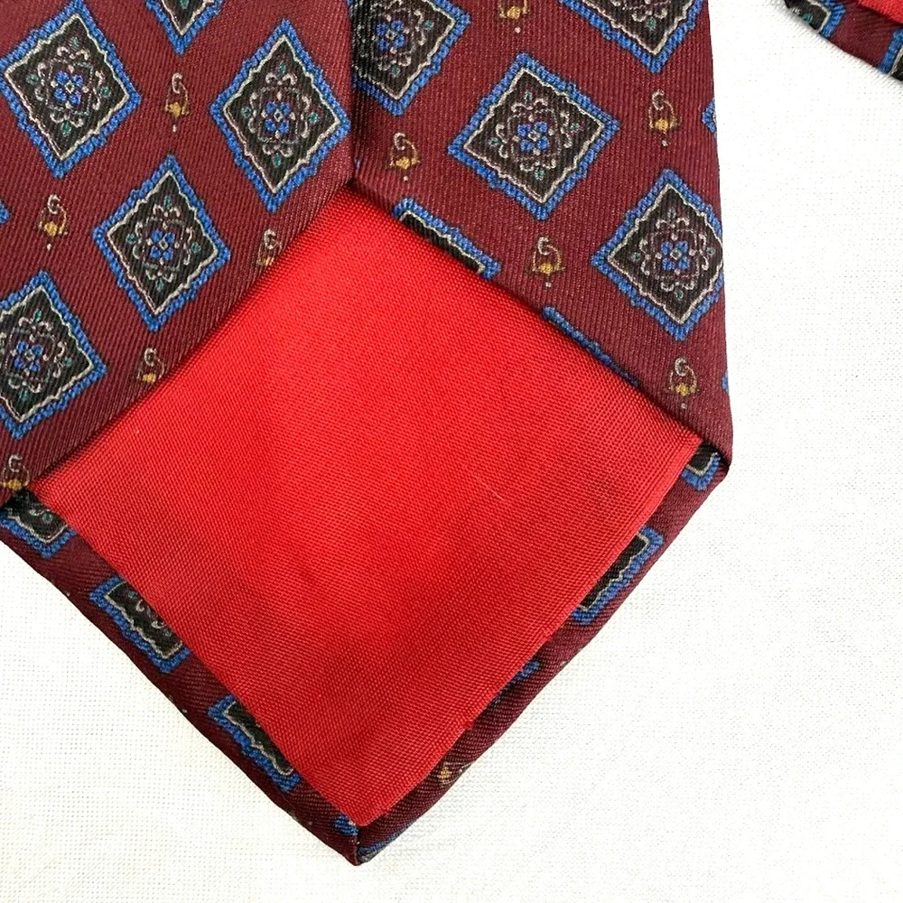 Vintage Brass & Leather by Jadeo Silk Tie Made in Italy Burgundy Geometric Medal